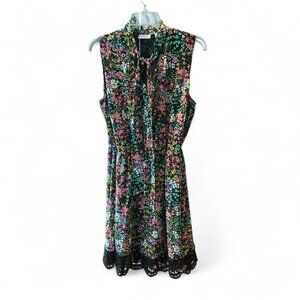 Black Multi-colored floral lace dress with black lace trim and tie neck Medium